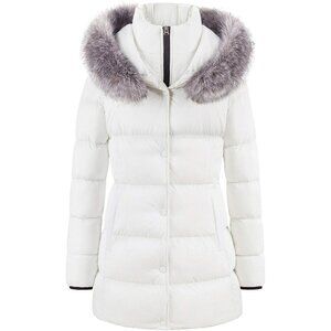 Women's White Long Snow Puffer Jacket Coat Removable Faux Fur Trim Winter Warm